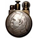 II RP, zapalniczka wykonana z monet 5-złotowych z Żaglowcem i Piłsudskim