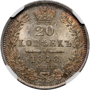 Russia, Nicholas I, 20 Kopecks 1848 СПБ HI, St. Petersburg