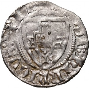 Zakon Krzyżacki, Henryk I von Plauen 1410–1414, szeląg, z kropką nad tarczą na awersie i rewersie