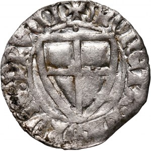 Zakon Krzyżacki, Henryk I von Plauen 1410–1414, szeląg, z kropką nad tarczą na awersie i rewersie