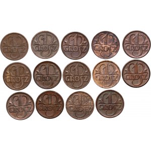 II RP, komplet monet 1-groszowych 1923-1939