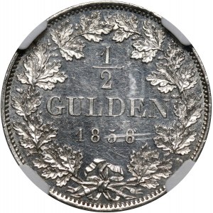 Niemcy, Bawaria, Maksymilian II Józef, 1/2 guldena 1858, Monachium, Stempel lustrzany (PROOF)