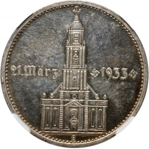 Niemcy, III Rzesza, 5 marek 1934 G, Karlsruhe, Kościół garnizonowy (z datą), stempel lustrzany (Proof)