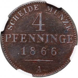 Niemcy, Prusy, Wilhelm I, 4 Pfenninge 1866 A, stempel lustrzany (Proof)