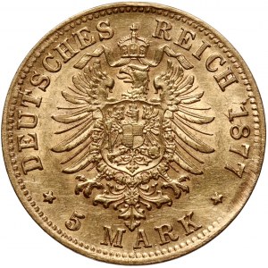 Germany, Wurttemberg, Karl I, 5 Mark 1877 F, Stuttgart