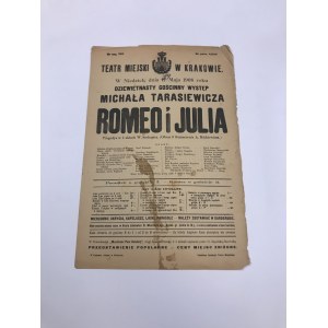 Afisz teatralny, Teatr Miejski w Krakowie „Romeo i Julia” 1908