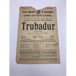 Afisz teatralny, Teatr Miejski w Krakowie „Trubadur” 1908