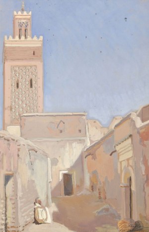 Antoni TESLAR (1898-1972), Zaułek w Marrakeszu z widokiem na Meczet Księgarzy (1935)