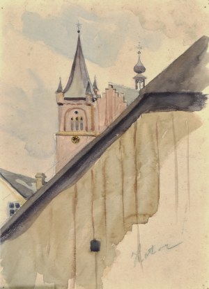 Stanisław Kamocki (1875-1944), Widok na wieżę kościoła parafialnego w Zatorze, ok. 1905