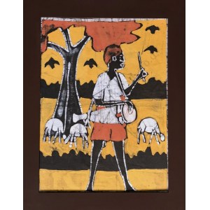Sainey, Muzykant grający na bębnie na tle owiec i drzewa kapakowego