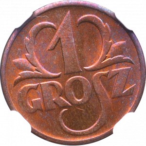 II Rzeczpospolita, 1 grosz 1938 - NGC MS66 RB - LEKKA SKRĘTKA