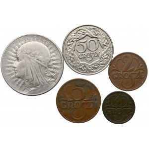 II Rzeczpospolita, zestaw monet od 1 grosza do 5 złotych