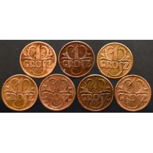II Rzeczpospolita, zestaw 5 monet 1 grosz 1938