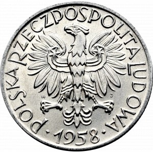 PRL, 5 złotych 1958 Rybak - wąska ósemka