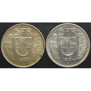 Szwajcaria, zestaw 5 Franków 1933-1934 (2 sztuki)