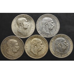 Austria, zestaw 1 korona 1893-1916 (5 sztuk)