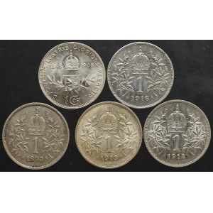 Austria, zestaw 1 korona 1893-1916 (5 sztuk)