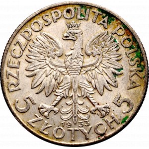 II Rzeczpospolita, 5 złotych 1933 Głowa kobiety