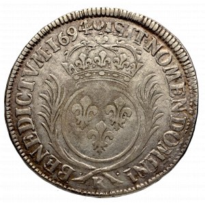 Francja, Ludwik XIV, 1/2 ecu 1694, Bordeaux - przevita na wcześniejszej emisji