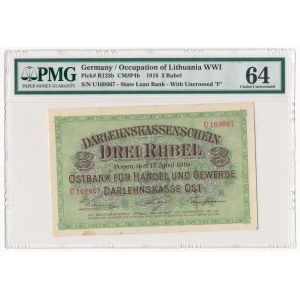 Poznań 3 ruble 1916 - U - krótka klauzula - PMG 64
