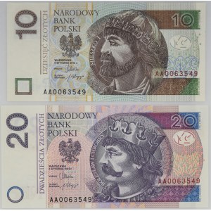 10 i 20 złotych 2012 - identyczna seria oraz numer seryjny