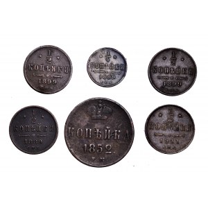 Rosja, zestaw 6 drobnych monet miedzianych