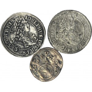 3 szt. zestaw Śląsk, Józef I, 3 krajcary 1711 FN Wrocław, 1706 CB Brzeg, Leopold I, Greszel Opole 1697