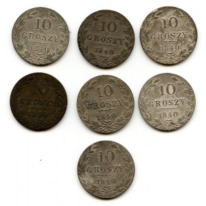 Królestwo Polskie, Zestaw siedmiu monet 10 groszy 1840, niebrzydkie