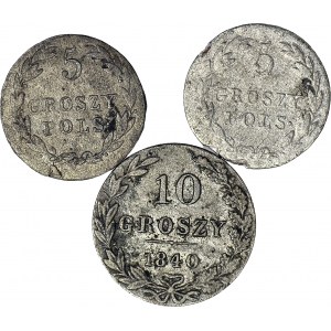 3 szt. zestaw Królestwo Polskie, 5 groszy 1819 i 1822, 10 groszy 1840