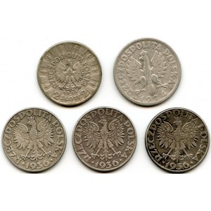 Zestaw pięciu monet srebrnych, ciekawsze typy