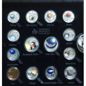 Zestaw czternastu numizmatów z serii Międzynarodowy Rok Astronomii, 2009, bardzo efektowny