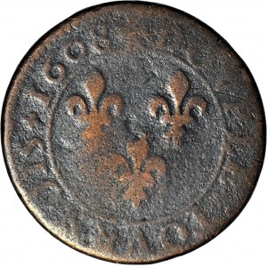 Francja, Henryk IV Burbon, Dwudenar 1608 D, Lyon, mała głowa