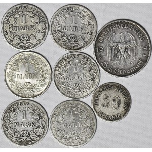 zestaw 8 szt., Niemcy, 5 i 1 marka, 50 fenigów