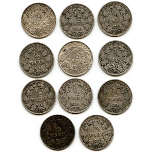 Niemcy, Cesarstwo, Zestaw 11 monet srebrnych 1/2 marki