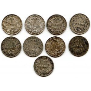 Niemcy, Cesarstwo, Zestaw 9 monet srebrnych 1 marka