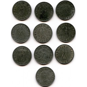 Niemcy, III Rzesza, Zestaw dziesięciu monet 10 fenigów