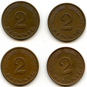 Niemcy, Republika Federalna, Zestaw czterech monet 2 fenigi, wczesne roczniki