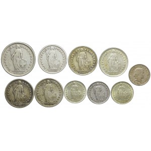 Szwajcaria, Zestaw 9 monet srebrnych + 1 moneta miedziniklowa, ciekawsze roczniki