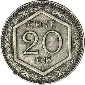 Włochy, Wiktor Emanuel III, 20 centów 1918, DESTRUKT, SKRĘTKA 90 STOPNI