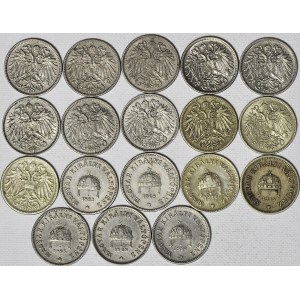 Austro-Węgry i Węgry, 10 Halerzy i 10 Fillerów, kolekcja 18 szt., różne daty