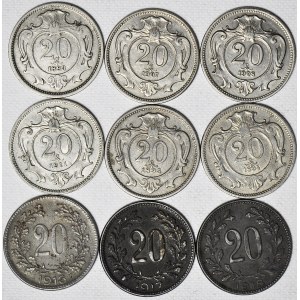 Austro-Węgry i Węgry, 20 Halerzy i 20 Fillerów, kolekcja 9 szt., różne daty
