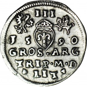 R-, Zygmunt III Waza, Trojak 1590, Wilno, herb Leliwa pod popiersiem