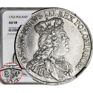 R-, August III Sas, Dwuzłotówka 1753 Lipsk, 8gr zamiast 8GR pisane, bardzo rzadkie i piękne