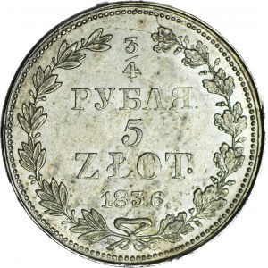 Zabór Rosyjski, 5 złotych = 3/4 rubla 1836 MW, Warszawa, ok. mennicze