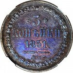 RR-, Zabór Rosyjski, 3 kopiejki 1851 BM, Warszawa, 1xWCN, brak notowań menniczego egzemplarza