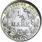 Niemcy, Cesarstwo Niemieckie, 1/2 marki 1905 E, Muldenhütten, wyśmienite
