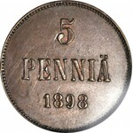 Finlandia, Okupacja rosyjska, Mikołaj II, 5 Pennia 1898, rzadki rocznik