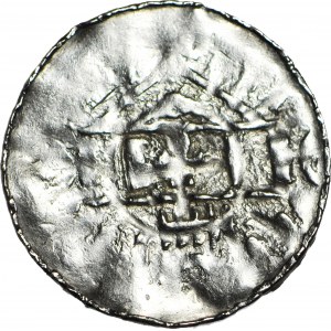 R-, Cross denarius X/XIw. Temple behind palisade/cross