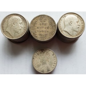 Indie Brytyjskie, Zestaw 34 monet srebrnych 1 Rupia Edward VII i Victoria