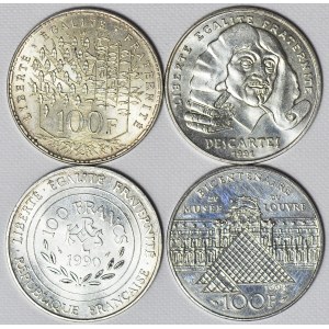 Francja, V Republika, Zestaw czterech srebrnych okolicznościowych monet 100 franków